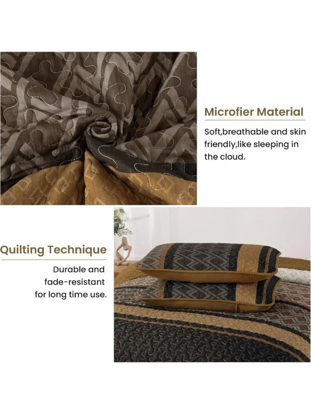 Boho King Size Quilt Set - Soft 3-Piece Striped Bedding, Lightweight Fall